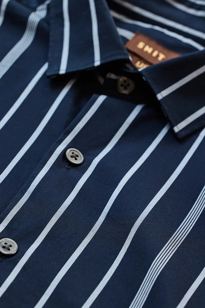 SNITCH Navy Striped Long Sleeve Slim Fit Luxe Shirt