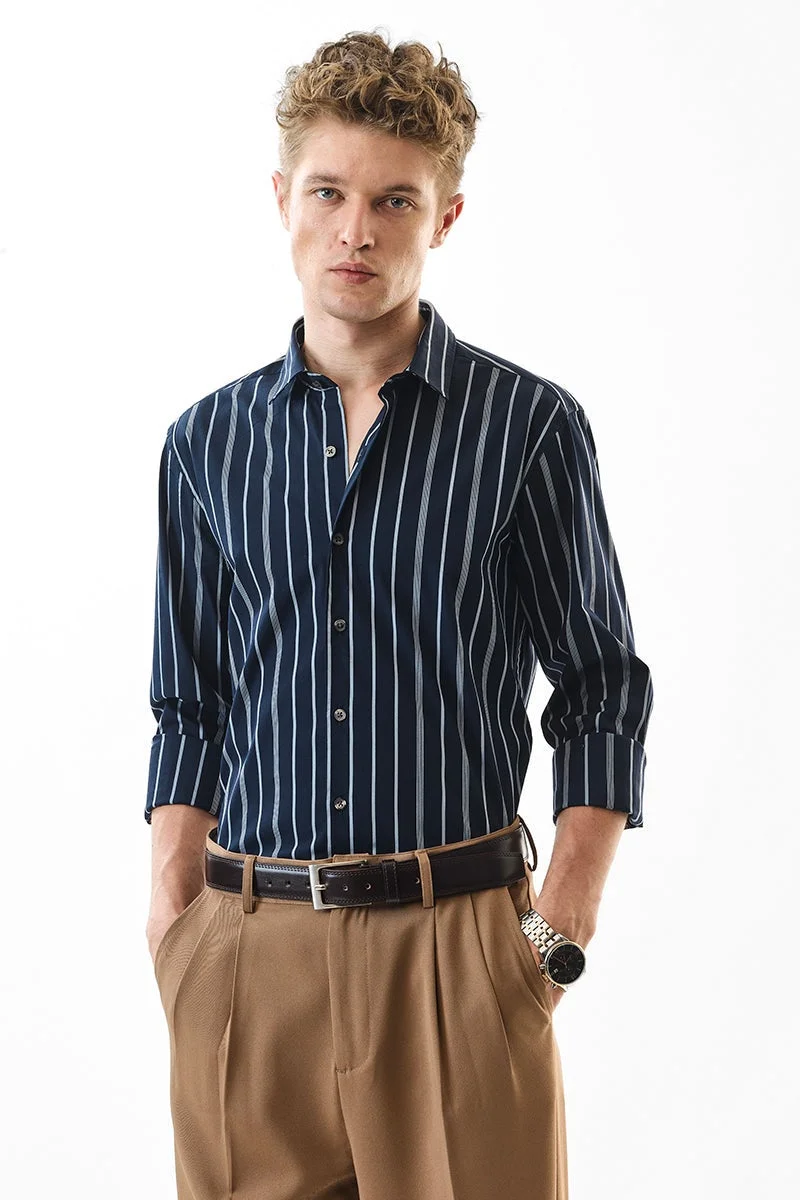 SNITCH Navy Striped Long Sleeve Slim Fit Luxe Shirt