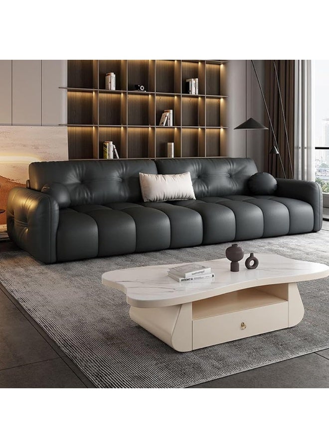 Zayn comforts Tufted Faux Leather Modern Standard Sofa with Square Arm for Home 240x100x85cm (Black) - Image 1