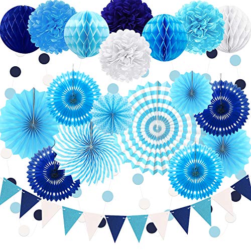 Marwey Navy-Light Blue Party Decorations, 23Pcs Hanging Paper Fans Party Decorations with Honeycomb Ball, Pom Poms Flowers for Boy Men Birthday Decoration, Bridal Shower,Baby Boy Showers,Wedding - Image 1
