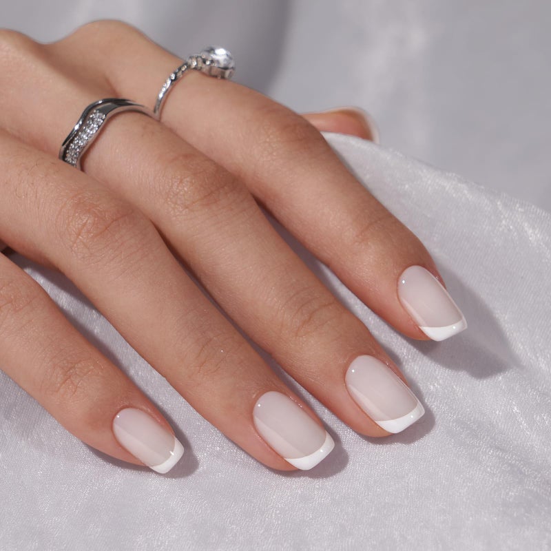 BTArtbox Press On Nails - White French Tip Press on Nails Square, Glue On Nails for Wedding Gift, Supremely Fit & Natural Stick On Nails in 15 Sizes - 30 Fake Nails Kit, Classic French - Image 4