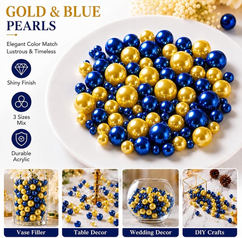 UDU 200 Pcs Vase Filler Pearl Beads No Hole Faux Polish Pearls for Centerpieces Vases Beads for Floating Candles Home Birthday Wedding Party Table Decor (Blue and Gold) - Image 4