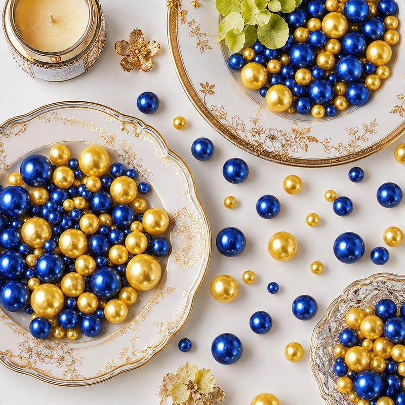 UDU 200 Pcs Vase Filler Pearl Beads No Hole Faux Polish Pearls for Centerpieces Vases Beads for Floating Candles Home Birthday Wedding Party Table Decor (Blue and Gold) - Image 1