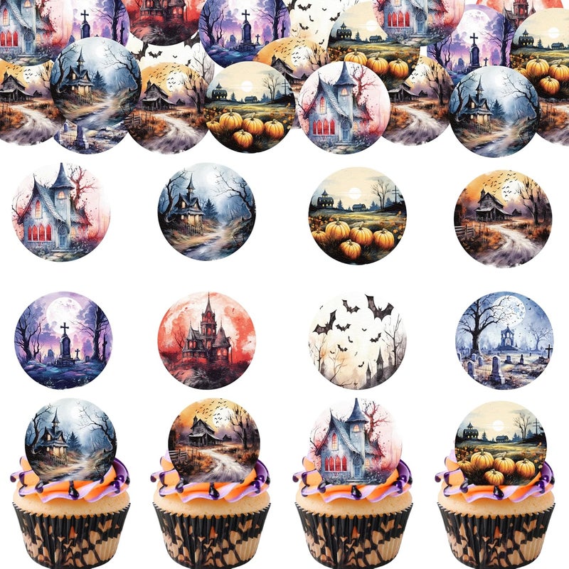Fyeoxle 36PCS Edible Halloween Scene Cupcake Toppers Wafer Paper Pumpkin Cake Decorations Haunted House Castle Cupcake Picks for Halloween Eve Theme Party Birthday Decor Supplies - Image 1