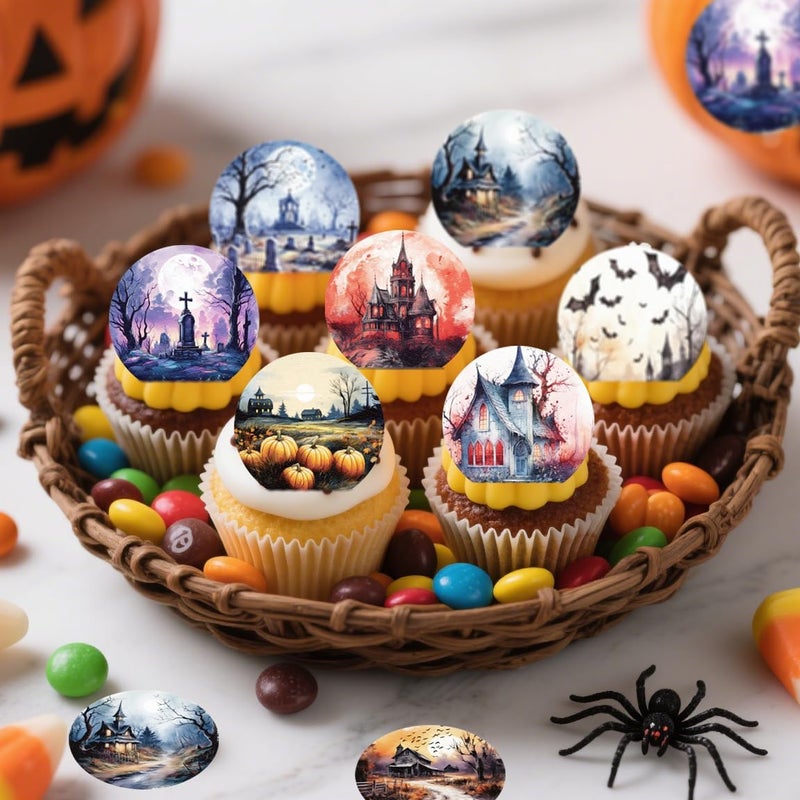Fyeoxle 36PCS Edible Halloween Scene Cupcake Toppers Wafer Paper Pumpkin Cake Decorations Haunted House Castle Cupcake Picks for Halloween Eve Theme Party Birthday Decor Supplies - Image 3