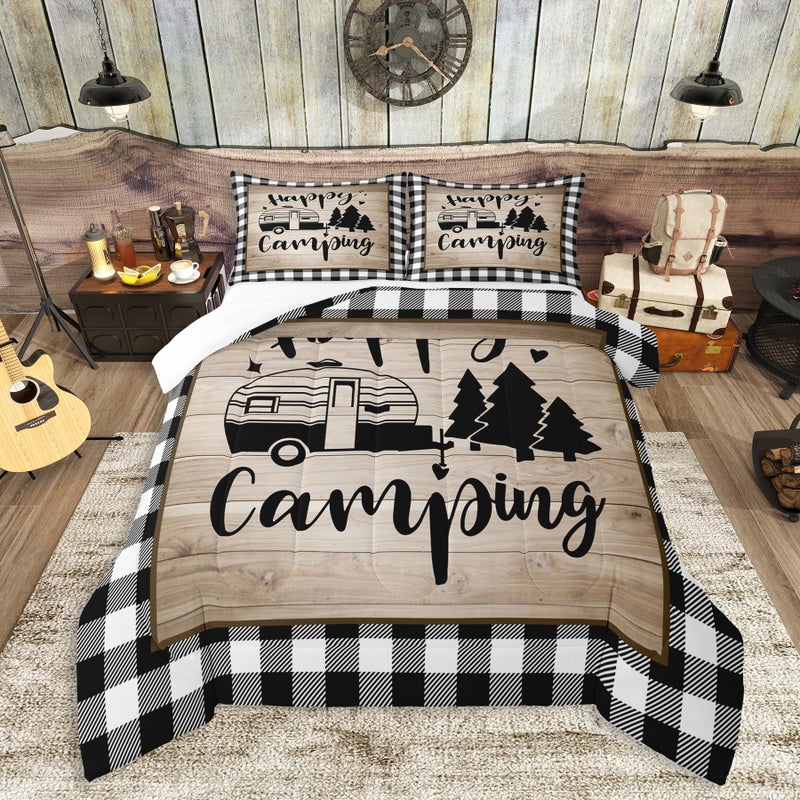 Grid Camper Comforter Set Queen Size for Kids Teens Adults Home Room DecorBrown Rustic Farmhouse Barn Bedding Set 3pcsCartoon RV Trailer Pine Quilt Set Happy Camping Duvet Insert2 Pillowcases