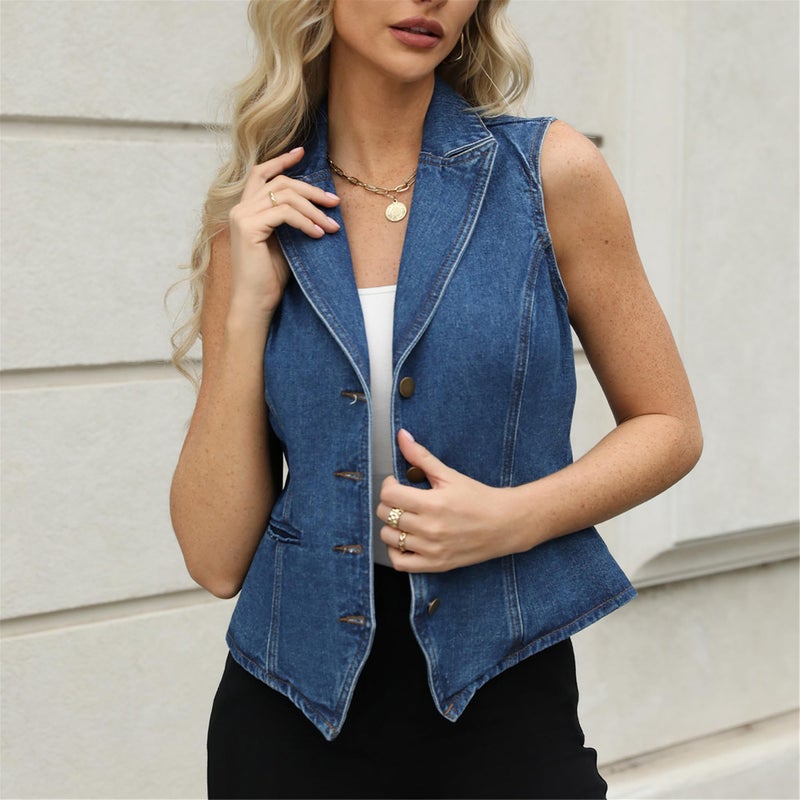 Ladyful Lapel Denim Vest for Women Sleeveless Business Work Jean Waistcoat Vest - Image 3