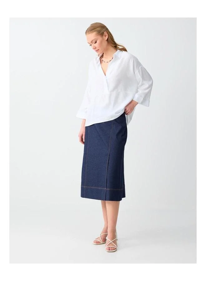 Jimmy Key Dark Indigo Blue High-Waist Comfortable Fit Midi Woven Skirt.