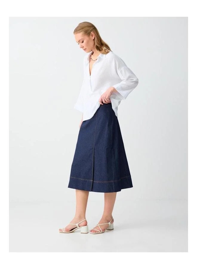 Jimmy Key Dark Indigo Blue High-Waist Comfortable Fit Midi Woven Skirt.