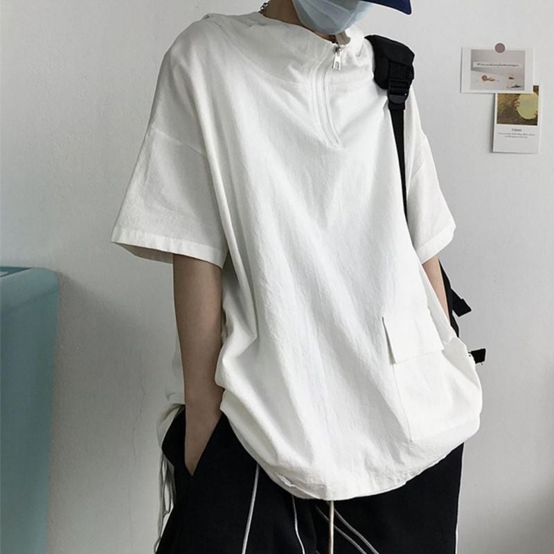 2024 Hooded Short-Sleeved T-Shirt Men'S Summer Fashionable Loose Top Japanese Cityboy Teenager Half Zipper - Image 1