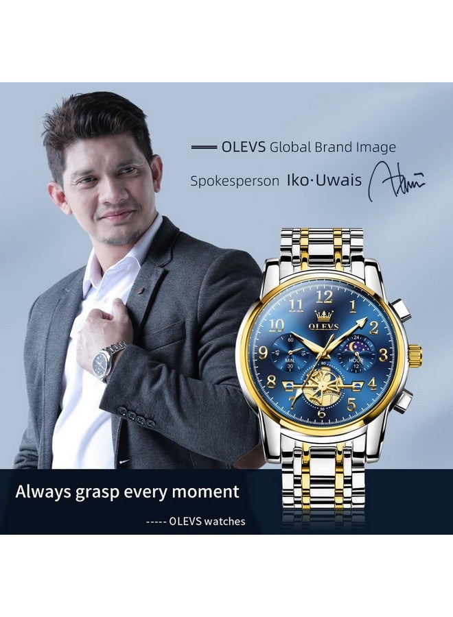 OLEVS Men's Business Watch Gold Blue with Large Easy-Read Analog Quartz Date Display Luxury Stainless Steel Band Waterproof Luminous Hands - Image 2