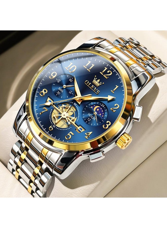OLEVS Men's Business Watch Gold Blue with Large Easy-Read Analog Quartz Date Display Luxury Stainless Steel Band Waterproof Luminous Hands - Image 4
