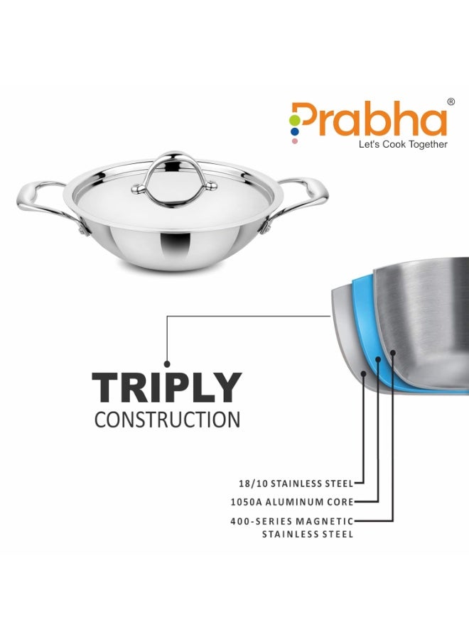 Prabha Prima Kadai Flat Bottom with Lid, Stainless Steel, Kitchen Kadai, 30cm, 5.5L, Induction & Non Induction Base, 60 Months Warranty - Image 2
