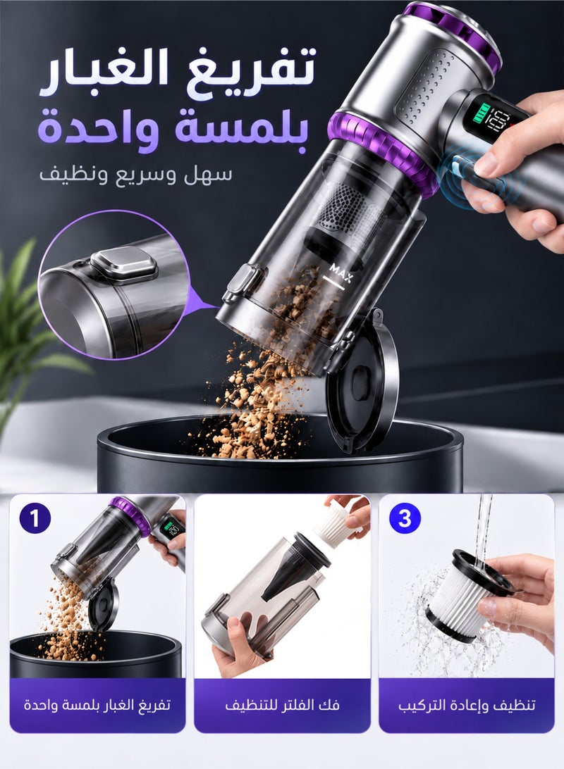 سويتو مكنسة كهربائية لاسلكية للسيارة والمنزل مع منفاخ هواء، قوة شفط 18000Pa، محرك بدون فرشاة 80000 دورة/دقيقة، شحن سريع Type-C، تفريغ الغبار بلمسة واحدة، شاشة عرض البطارية، مكنسة محمولة صغيرة للسيارة - Image 3