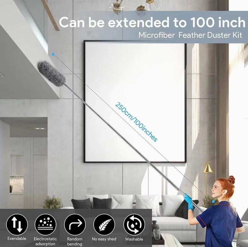 ABUDIT Microfiber Feather Duster Bendable Extendable Fan Cleaning Duster with 100 inches Expandable Pole Handle Washable Duster for High Ceiling FansWindow Blinds Furniture Standard - Image 2