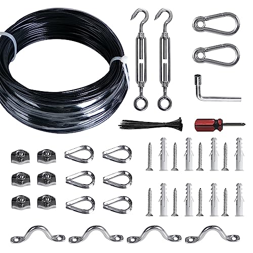 Brightown String Lights Hanging Kit for Outdoor, Includes 100Ft Stainless Steel(304) Suspension Rope Cable in Black Vinyl-Coated, Turnbuckle, Thimble, Hooks. Heavy Duty and Easy to Install - Image 1
