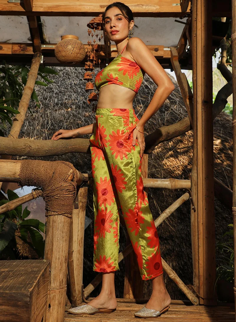  قصة Women's Avocado Green Flower Tie-Up Co-Ord Set