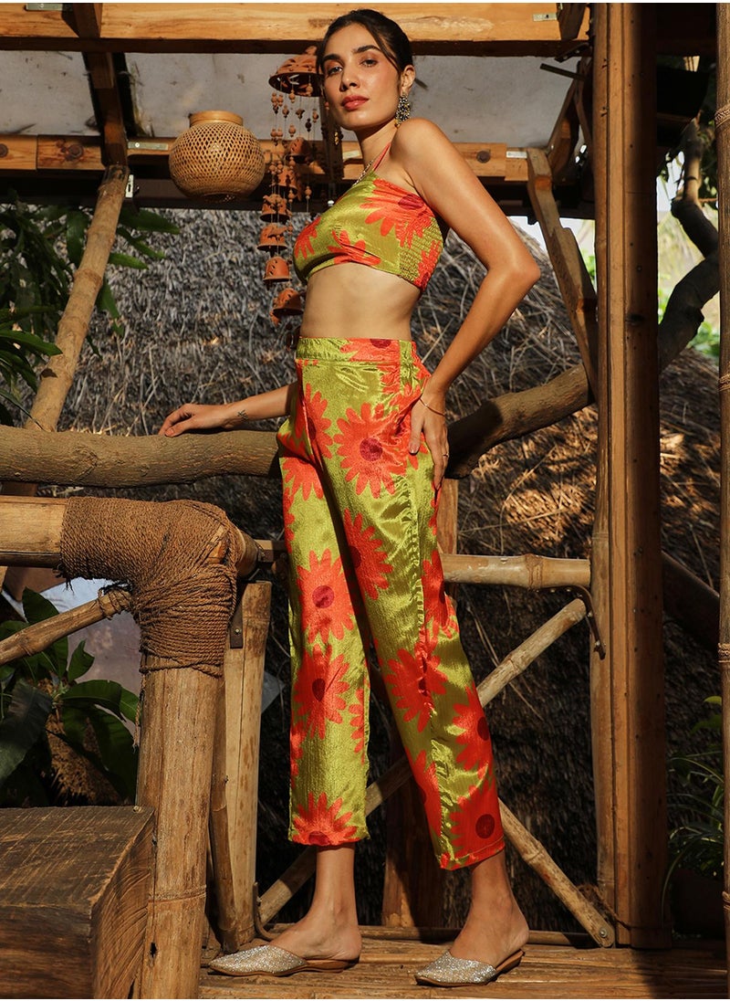  قصة Women's Avocado Green Flower Tie-Up Co-Ord Set  - Image 3