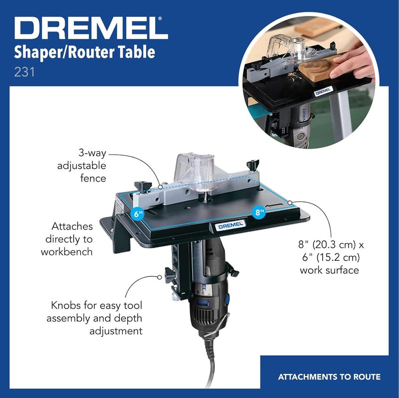 DREMEL 231 أداة دوارة محمولة طراز شابير وطاولة راوتر - ملحق للأعمال الخشبية - مثالي للصنفرة، والتشكيل، وتقليم الحواف - Image 2