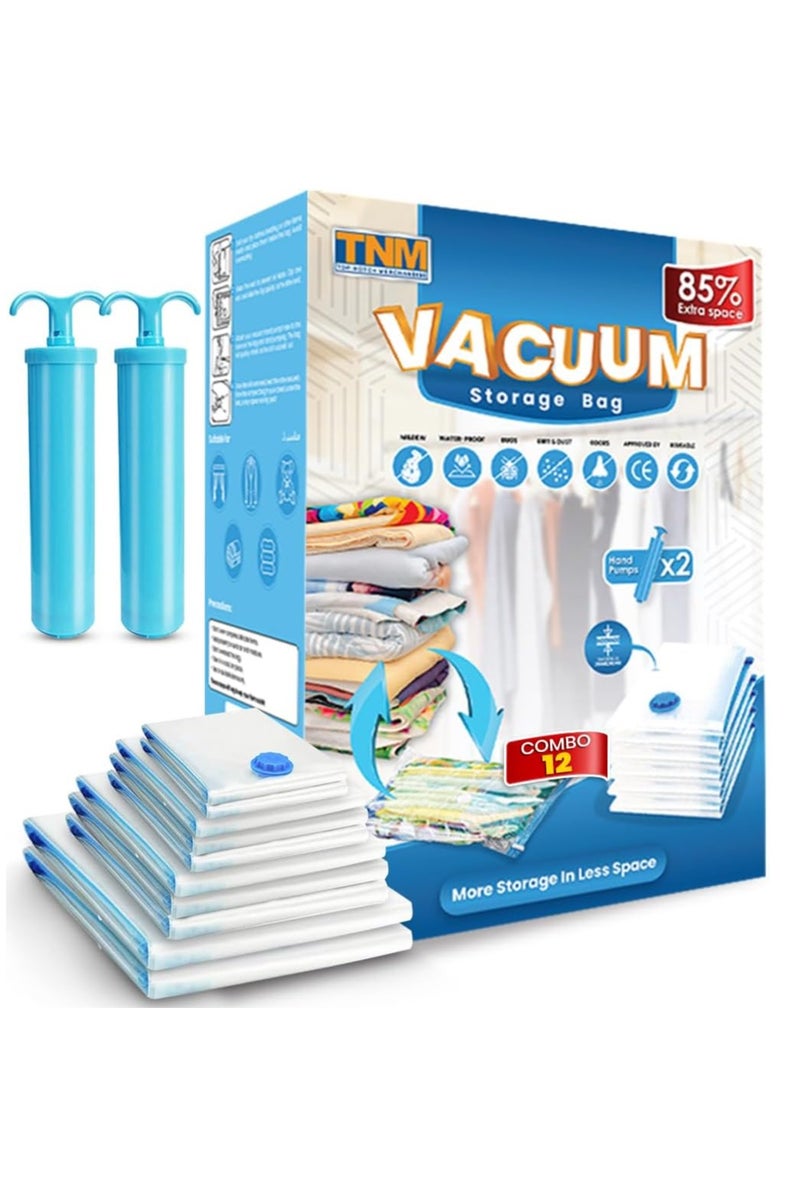 TNM Reusable Vacuum Storage Bags – Space Saver Bags 12 Pack (2 Jumbo, 3 Large, 3 Medium, 2 Small) with 2 Hand Pumps | Compression Bags for Clothes | travel storage bags | vacuum seal bags - Image 1