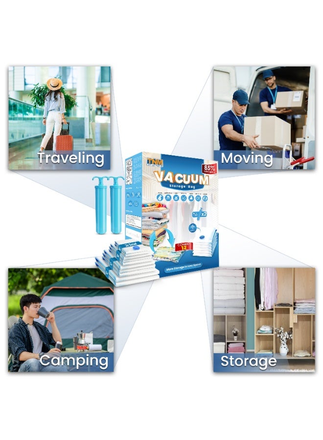 تنم أكياس تخزين مفرغة قابلة لإعادة الاستخدام - عبوة من ١٢ كيسًا لتوفير المساحة (٢ جامبو، ٣ كبير، ٣ متوسط، ٢ صغير) مع مضختين يدويتين | أكياس ضغط للملابس | حقائب تخزين للسفر | أكياس مانعة للتسرب | حقيبة تخزين قابلة لإعادة الاستخدام - Image 4