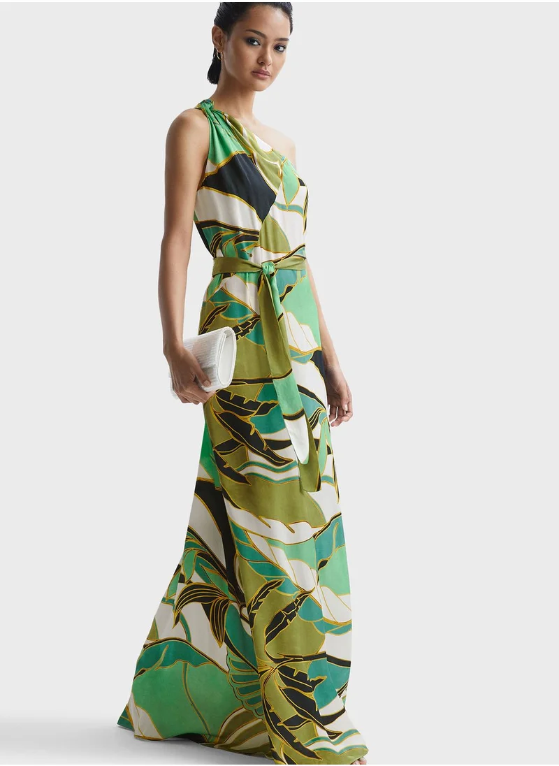 REISS One Shoulder Printed Tiered Dress