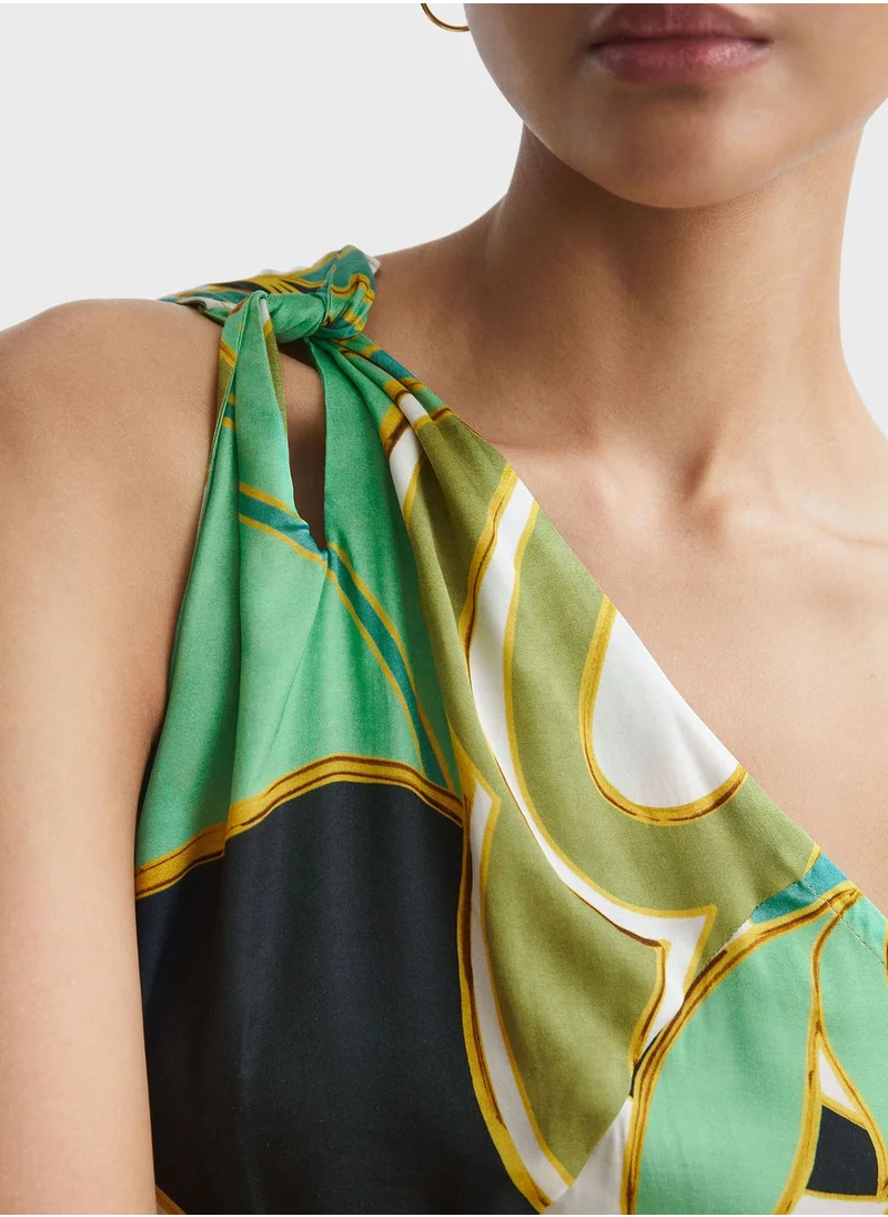 REISS One Shoulder Printed Tiered Dress
