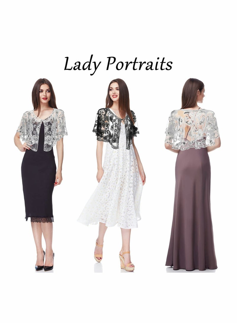 SOLARAE Women's 1920s Sequin Shawls, Sequin Beaded Evening Cape Bolero Flapper Cover Up Top for Evening Dresses Party 2Pcs - Image 5