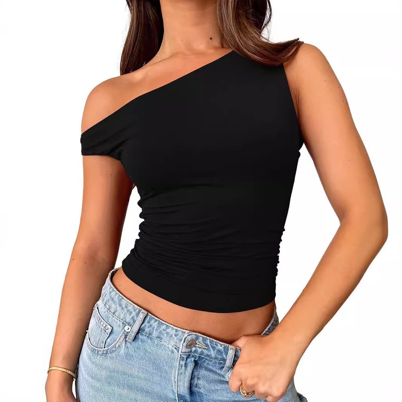 قميص نسائي بدون أكمام مع تجعيدات، لون سادة - Image 1