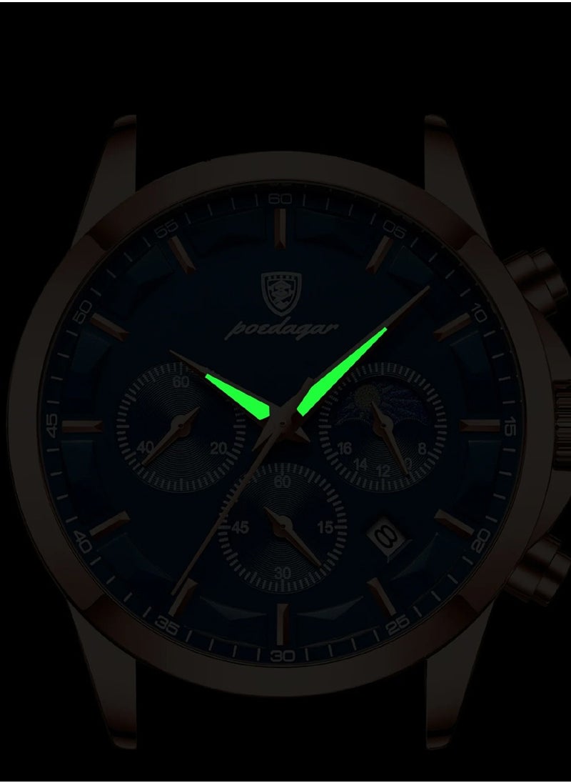 POEDAGAR - Men’s Quartz Waterproof Glow Calendar Stainless Steel Band Black Dial Watch 42mm - Image 1