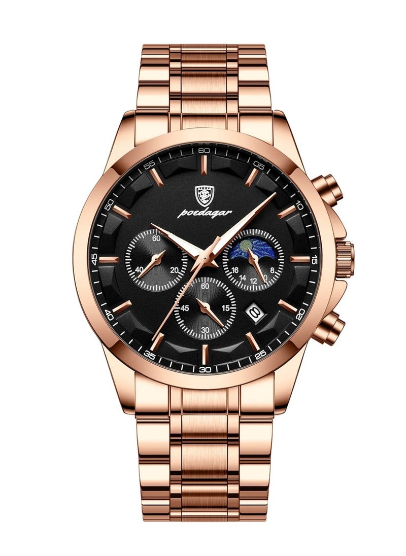 POEDAGAR - Men’s Quartz Waterproof Glow Calendar Stainless Steel Band Black Dial Watch 42mm - Image 1