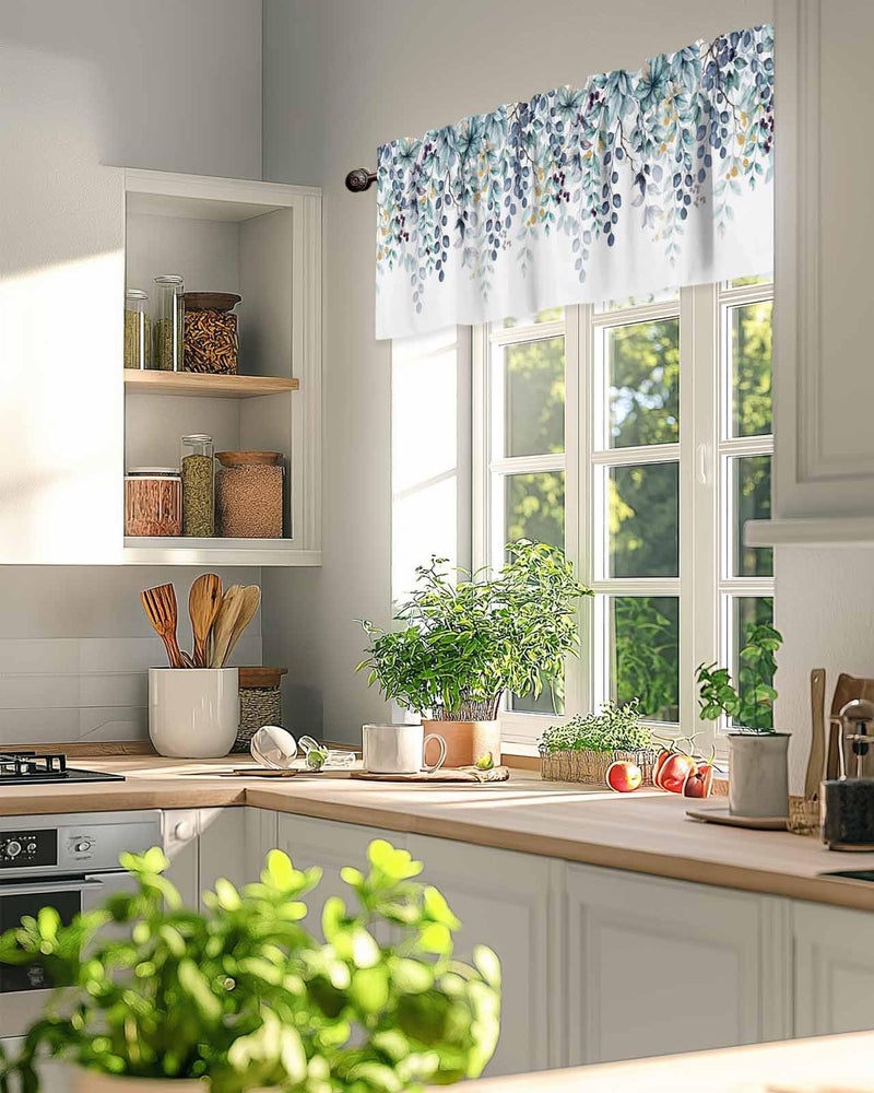 CosyBright Blue Eucalyptus Leaves Window Valance Watercolor Blue Plant Leaf Window Treatment Blue Green Leaves Rod Pocket Curtain Valance,42x12 inch Botanical Kitchen Valance for Bedroom Bathroom - Image 3
