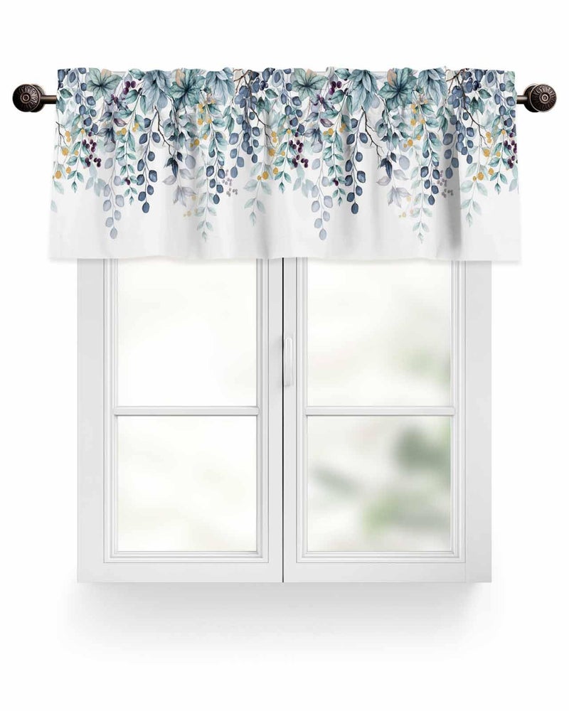 CosyBright Blue Eucalyptus Leaves Window Valance Watercolor Blue Plant Leaf Window Treatment Blue Green Leaves Rod Pocket Curtain Valance,42x12 inch Botanical Kitchen Valance for Bedroom Bathroom - Image 1