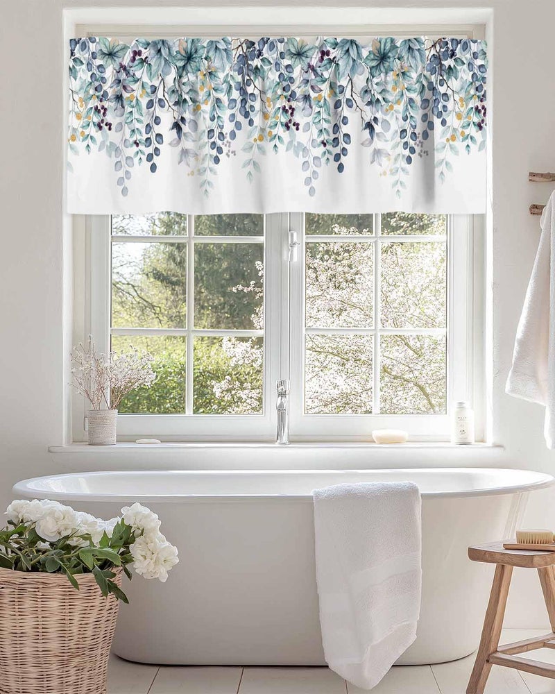 CosyBright Blue Eucalyptus Leaves Window Valance Watercolor Blue Plant Leaf Window Treatment Blue Green Leaves Rod Pocket Curtain Valance,42x12 inch Botanical Kitchen Valance for Bedroom Bathroom - Image 4