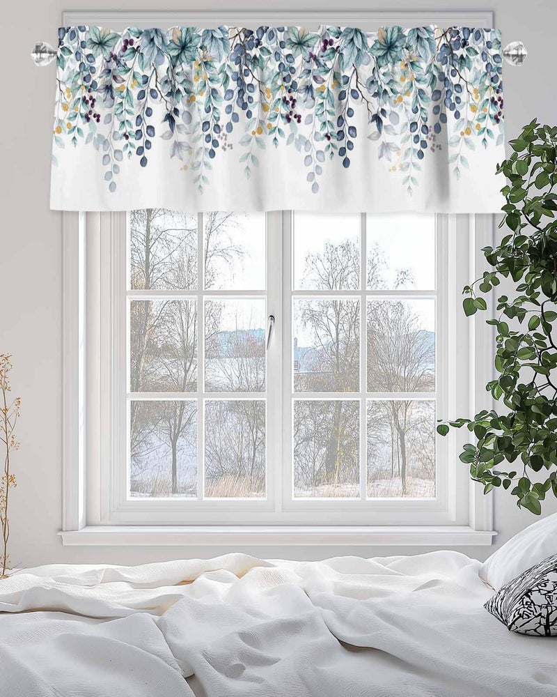 CosyBright Blue Eucalyptus Leaves Window Valance Watercolor Blue Plant Leaf Window Treatment Blue Green Leaves Rod Pocket Curtain Valance,42x12 inch Botanical Kitchen Valance for Bedroom Bathroom - Image 5