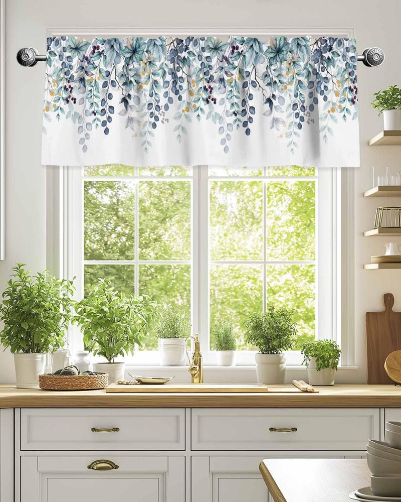 CosyBright Blue Eucalyptus Leaves Window Valance Watercolor Blue Plant Leaf Window Treatment Blue Green Leaves Rod Pocket Curtain Valance,42x12 inch Botanical Kitchen Valance for Bedroom Bathroom - Image 2