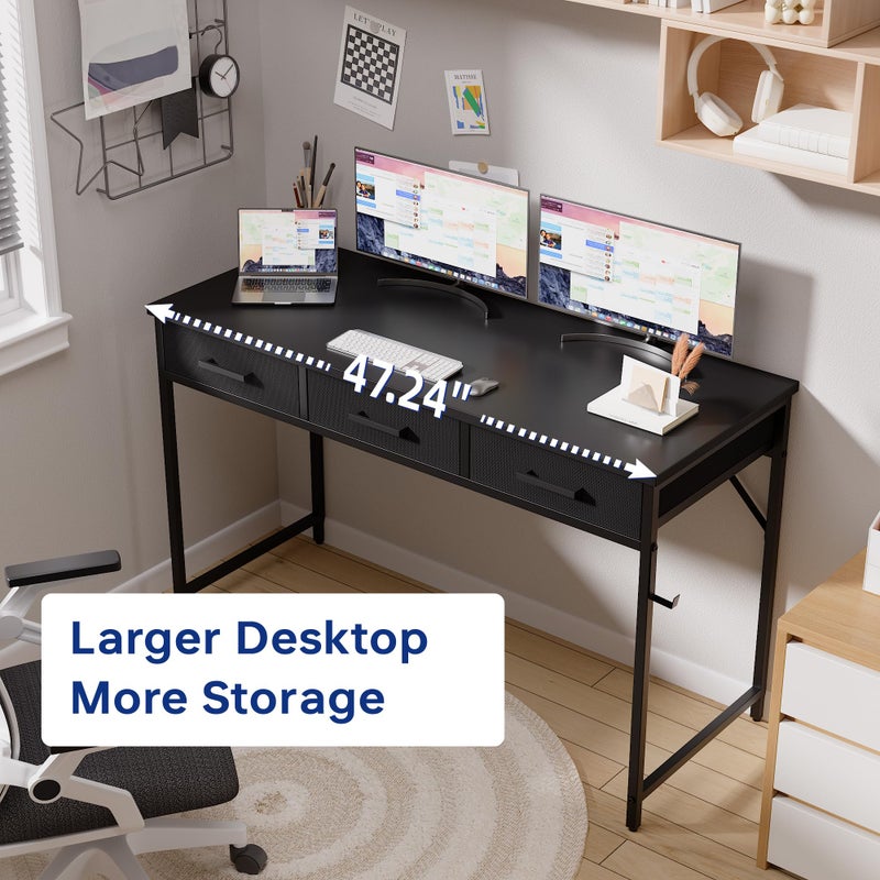 Pamray 47 Inch Small Computer Desk with 3 Drawers for Bedroom Study Writing Home Office Table for Small Spaces Grey - Image 3