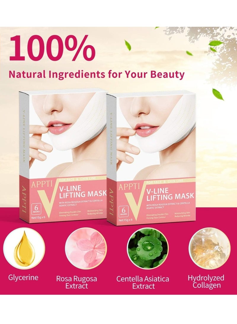 APPTI 6Pcs V Line Facial Lifting Mask V Shaped Face and Chin Up Belt Reduce Sagging and Fights Aging Signs Lift Jawline Face Slimming Patch Double Chin Reducer Strap White V Line Face Bandage  - Image 2