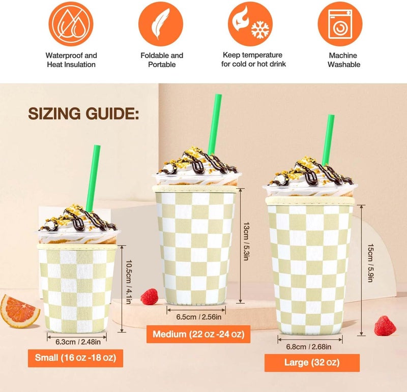 كي بي اكس 3 Pack Iced Coffee Cup Sleeve for Large Sized Cups, Reusable Neoprene Iced Coffee Cup Holder for Hot Cold Drinks, Compatible with Starbucks, Dunkin Donuts, and More（Khaki Checkered） - Image 2