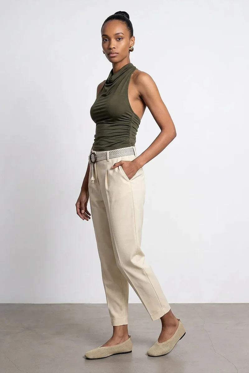 Dilvin Cream Natural DILVIN Pleated Straight-Leg Crepe Trousers for Women | Best Price UAE