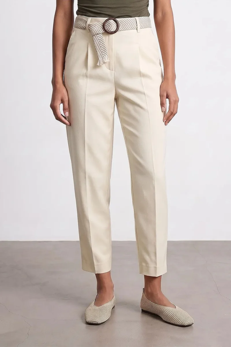 Dilvin Cream Natural DILVIN Pleated Straight-Leg Crepe Trousers for Women | Best Price UAE