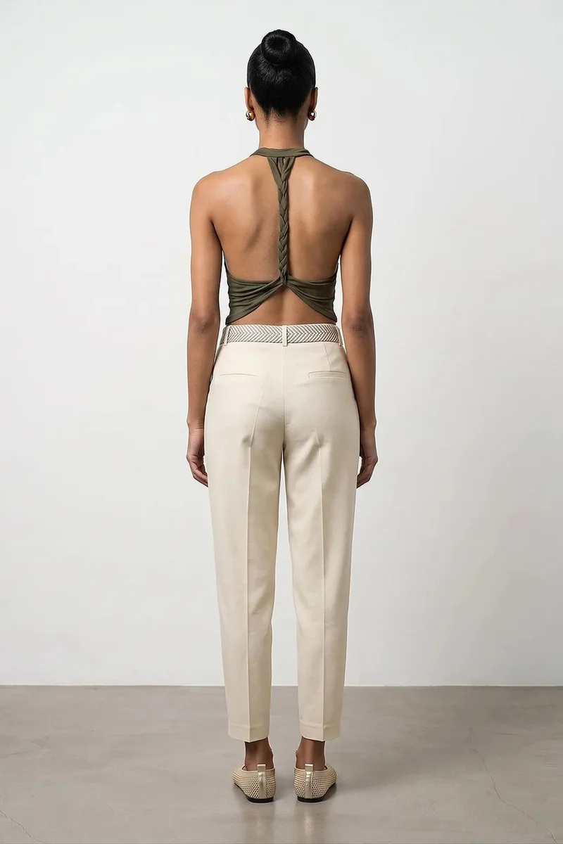 Dilvin Cream Natural DILVIN Pleated Straight-Leg Crepe Trousers for Women | Best Price UAE