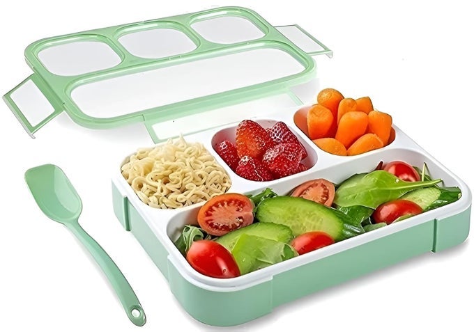 PLASTIC AIRTIGHT LUNCH BOX WITH 4 COMPARTMENTS MICROWAVE FREEZER DISHWASHER SAFE INCLUDES SPOON FORK REUSABLE FOOD CONTAINER FOR KIDS ADULTS AT SCHOOL OFFICE MEAL PREP