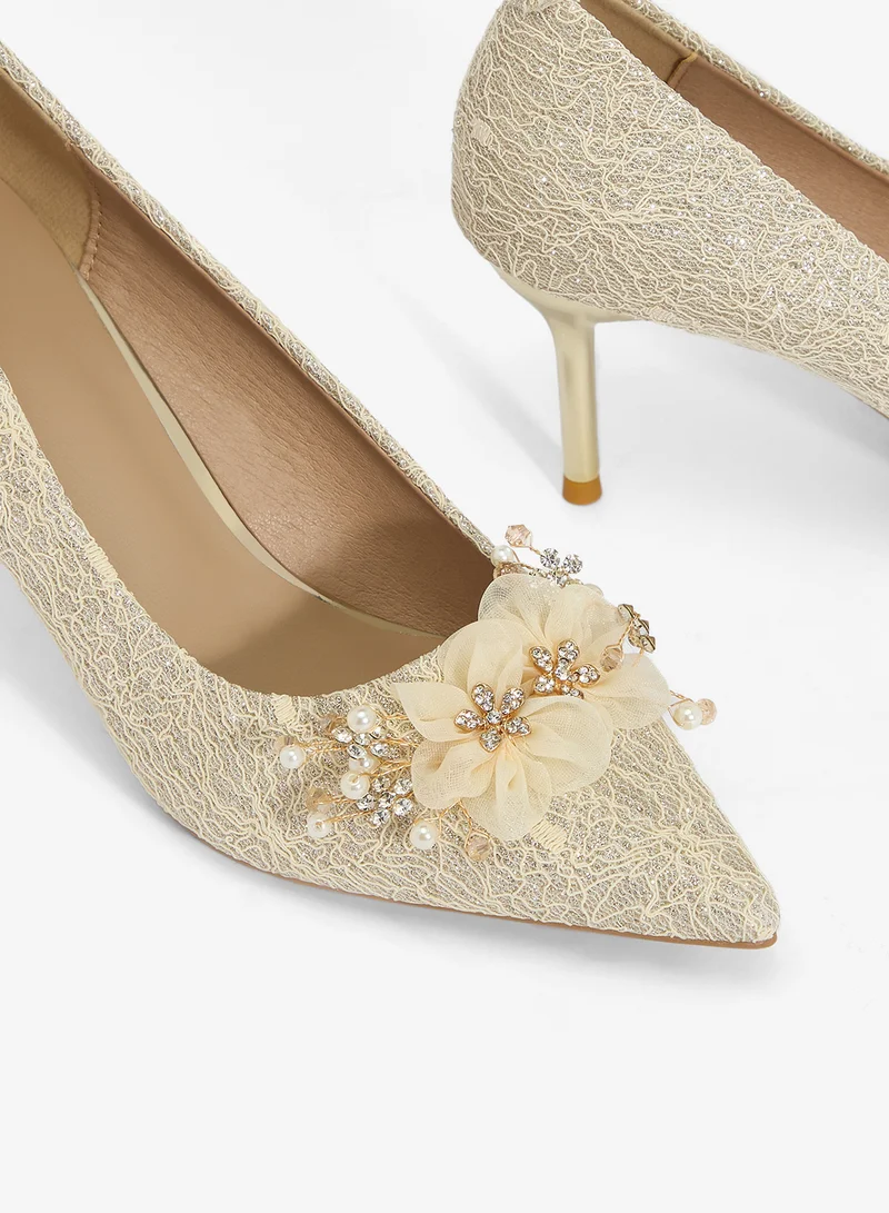 Ella Limited Edition Gold Floral Detail High Heel Stiletto Rhinestone Embellished Pumps for Women | Best Price UAE