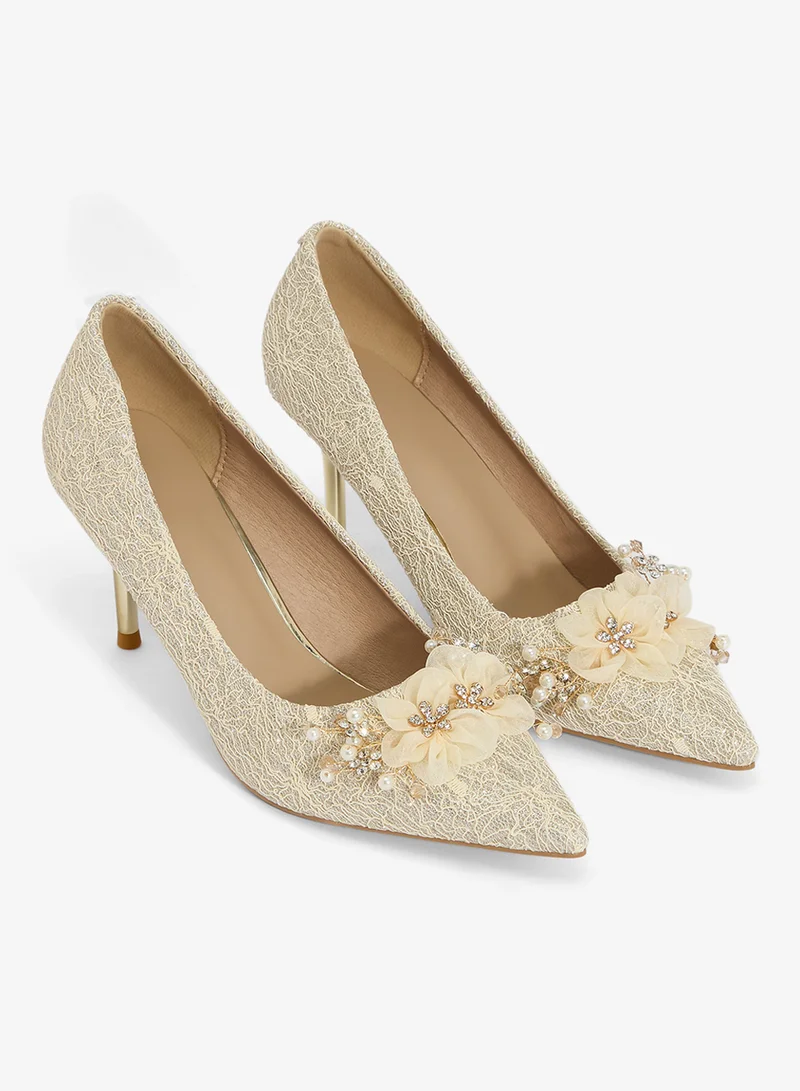Ella Limited Edition Gold Floral Detail High Heel Stiletto Rhinestone Embellished Pumps for Women | Best Price UAE
