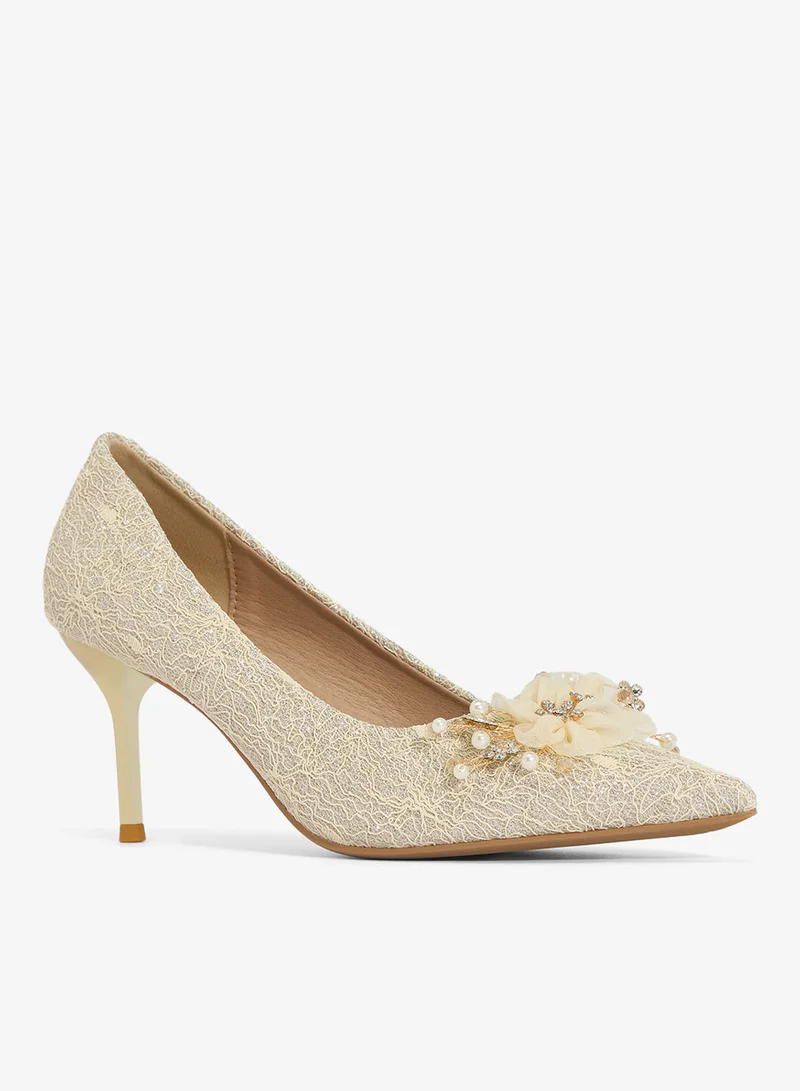 Ella Limited Edition Floral Detail High Heel Stiletto Rhinestone Embellished Pumps