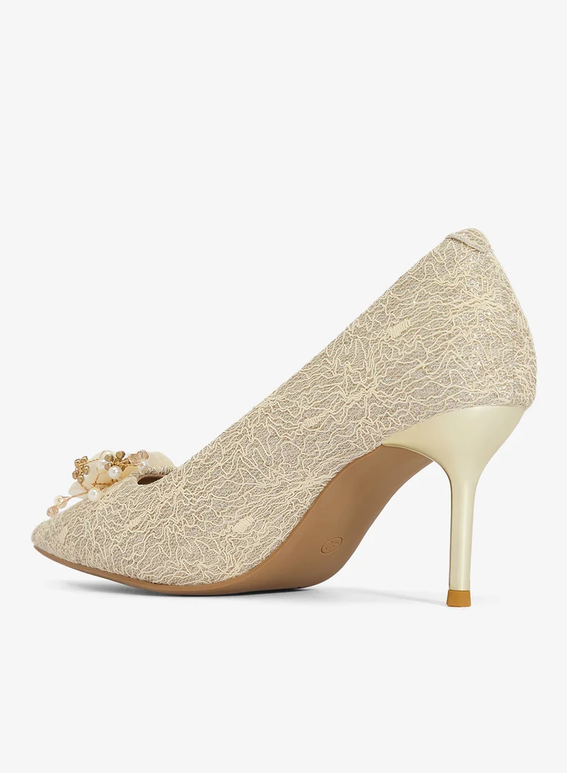 Ella Limited Edition Gold Floral Detail High Heel Stiletto Rhinestone Embellished Pumps for Women | Best Price UAE
