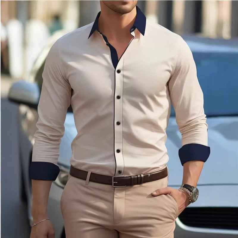 Men's Wrinkle-Free Contrast Collar Long Sleeve Casual Shirt