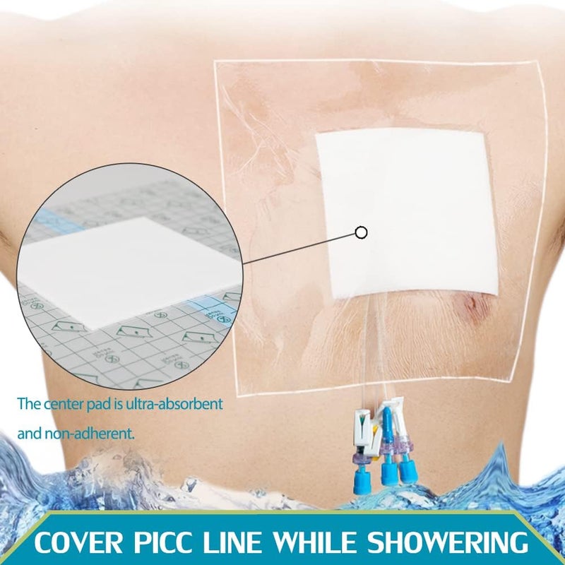 DiaBelt غطاء واقي من الماء للاستحمام كبير لحماية خط PICC وغطاء قسطرة الغسيل الكلوي وملحقات أنبوب التغذية مع وسادة مركزية غير لاصقة 10x10 عبوة من 25 - Image 2