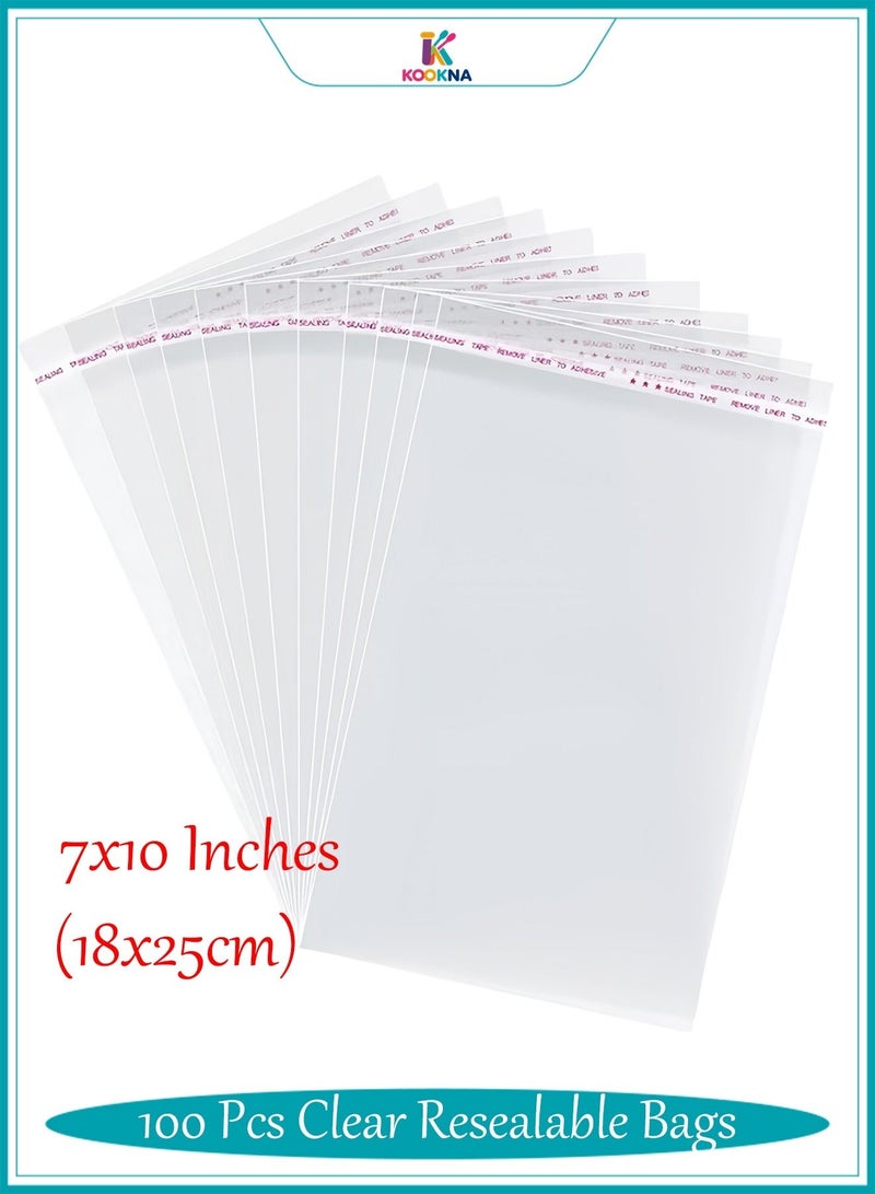 KOOKNA 100Pcs Clear Resealable Bags, Self-Sealing Cellophane Packaging Bags, Transparent Plastic Pouches for Freshness Preservation, Cello Sleeves for Bakery and Product Showcasing (18x25cm) - Image 1